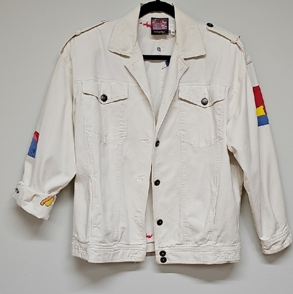 Vtg 80s Neo Max White Denim Jacket, Artistic Appliques, Size 10, *READ Descript*